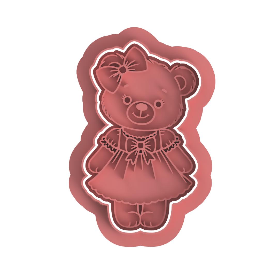 Girl Teddy Bear in Dress Stamp & Cutter