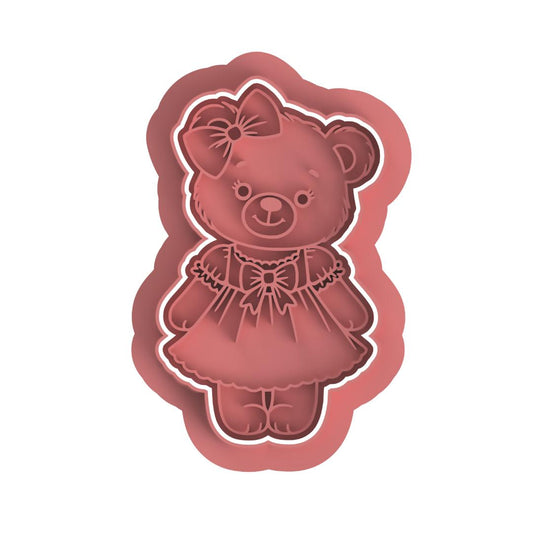 Girl Teddy Bear in Dress Stamp & Cutter